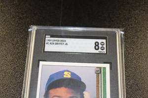 lot 197 image: 1989 Upper Deck Ken Griffey Jr. Rookie Card SGC 8