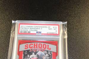 lot 202 image: 2017 Contenders Draft Picks School Colors Patick Mahomes #15 Rookie Card PSA 8