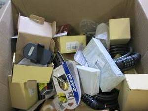 box of bike locks, bike lights cell...