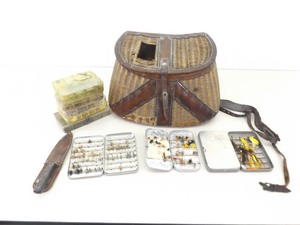 Antique Wicker Fly Fishing Basket and Cases of Hand Made Flys