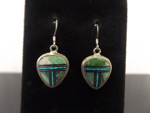 .925 Sterling Silver Inlayed Opal Green Turquoise Dangle Hook Earrings