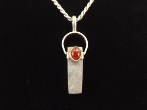 .925 Sterling Silver Garnet Cabochon Carbon Steel Pendant Necklace