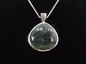 .925 Sterling Silver Moss Agate Cabochon Pendant Necklace