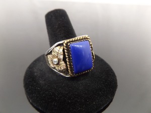 .925 Sterling Silver Gold Accented Lapis Lazuli Cabochon Ring Size 12