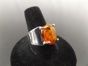 .925 Sterling Silver Amber Cabochon Ring Size 8.75