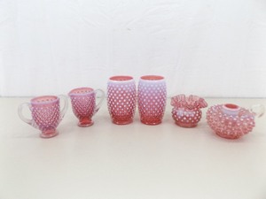6 Vintage Fenton Pink Hobnail Cream and Sugar, Cups, Bud Vase and Candle Votive