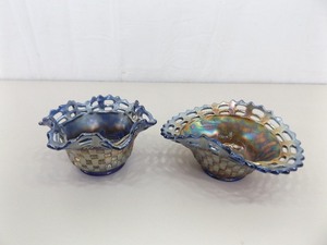 2 Electric Blue Fenton Carnival Glass Ruffled Bowls