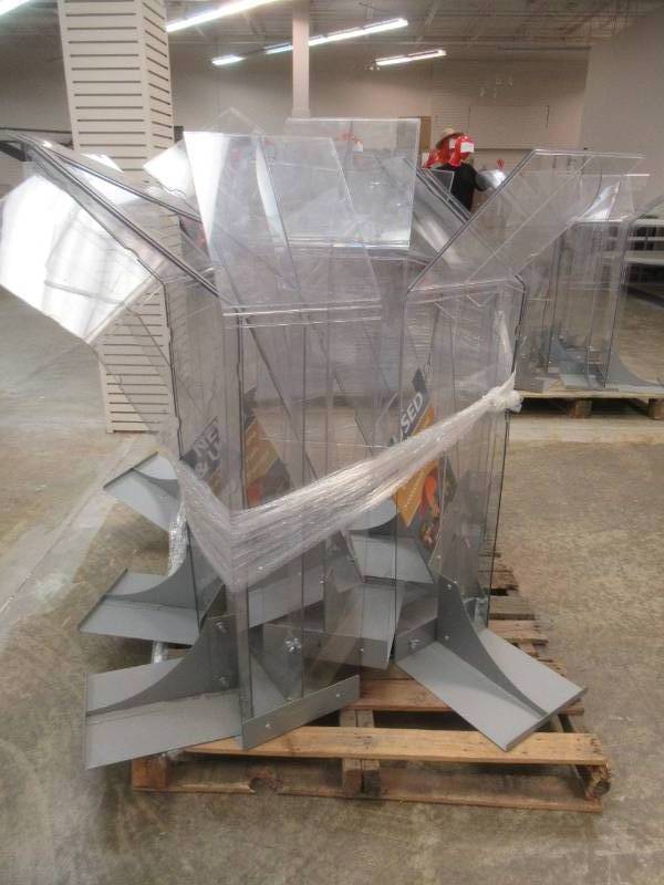 Pallet of Plexiglass Retail Sign Display Stands. Approximate Dimensions 11 12 x 14 x 46 Tall.