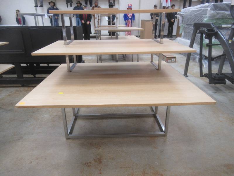 3-Tier Display Table. Approximate Dimensions 50 x 45 x 45 Tall. Slight Scratch and Dent.