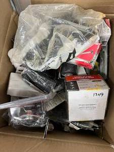 lot 18 image: LARGE BOX, ASSORTED GARAGE ITEMS, GATE HINGES, TOOL BOX REPLACEMENT LATCH, AND MORE