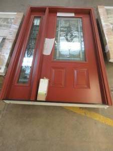 Custom Door with Sidelite 52.93 in x 81.68 in - 36 in. x 80 in Door 34 Lite - Decorative Glass - Interior Color of the Door is White - Exterior Color of the Door Rusty Barn Red (RH INSWING) (SLIGHT SCRATCH & DENT)