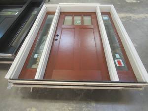 Thermatru Entry Way Door with Double Sidelites - Door is 36 in x 80 in 14 lite 2 Panel - Clear Glass - 64.50 in x 81.75 in - Interior and Exterior Color of the Door is Rust Red with Tan Moulding (SLIGHT SCRATCH & DENT) RH INSWING