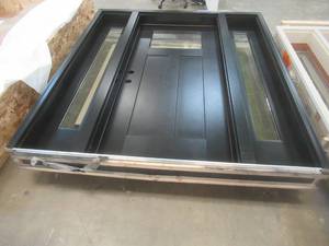 Thermatru Entry Way Door with Double Sidelites - Door is 36 in x 80 in 14 lite 2 Panel - Clear Glass - 71.58 in x 81.75 in - Interior and Exterior Color of the Door is Black (SLIGHT SCRATCH & DENT) RH INSWING