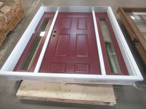 Thermatru Entry Way Door with 2 Full Sidelites  - Door is 36 in x 80 in 6 panel - 67.50 in x 81.75 in - Exterior Color is Cranberry with White Trim - Interior Color is Gray with White Trim LH INSWING (SLIGHT SCRATCH & DENT)