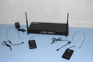 lot 42 image: GTD Audio Wireless Microphone System with 2 Beltpack Transmitters & Headworn Microphones & Rackmount Receivers