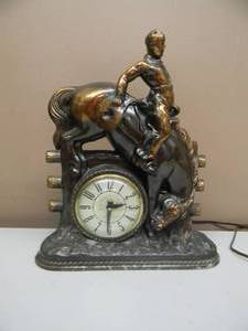 lot 22 image: VINTAGE Bronze Cowboy Bucking Bronco Mantle Clock, Electric - WORKS - NICE - FANTASTIC PIECE - APPROX 14 Tall - SEE PICTURES