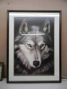 lot 25 image: Indigo by Dave Merrick 1993 Wolf Print Matted Professionally Framed - NICE - GREAT PIECE -  APPROX 30 x 40 - SEE PICTURES