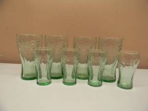 lot 48 image: NEW OLD STOCK - VINTAGE GREEN EMBOSSED CocaCola Glasses 4  6.25 - 4  4.25 - GREAT SET - SEE PICTURES