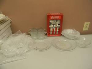lot 49 image: NEW OLD STOCK - VINTAGE CocaCola Frosted Glass Embossed Bottle 16pc - Plates, Bowls & Mugs & 16pc Contour Flatware Set - FANTASTIC SET - SEE PICTURES