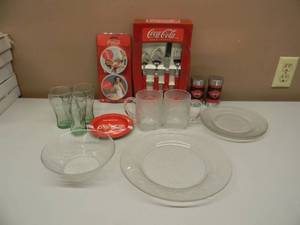 lot 50 image: NEW OLD STOCK - VINTAGE CocaCola Frosted Glass Embossed Bottle 5pc - Plates, Bowl & Mugs & 16pc Contour Flatware Set - Salt & Pepper Shakers - Coasters - 3 Glasses - Ashtray - FANTASTIC SET - SEE PICTURES