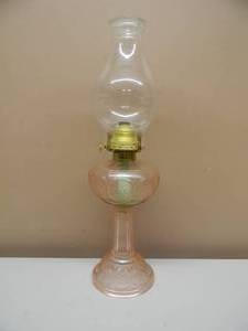 lot 51 image: RARE - VINTAGE PINK DEPRESSION GLASS OIL LAMP, RARE PINK LAMP - NICE - GREAT PIECE - APPROX 20 Tall - SEE PICTURES