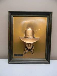 lot 62 image: VINTAGE John Wayne 1907-1979 3D Rooster Cogburn Framed Copper Bust Head - FANTASTIC PIECE - NICE - APPROX 14 By 16 - SEE PICTURES