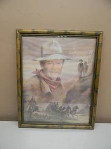 lot 63 image: Vintage John Wayne The Duke Print Framed by Ron Parker - VERY COOL RUSTIC FRAME - APPROX 18 By 22 - SEE PICTURES