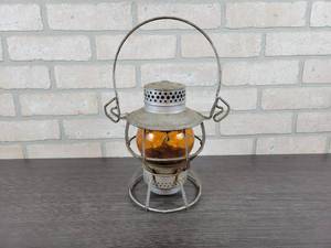 lot 3060 image: Antique DRESSEL - Arlington NJ Railroad Lantern w Amber Glass Globe - Approx. 14 Tall as Shown