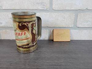 lot 3080 image: Vintage Falstaff Tin Beer Mug (4.5 Tall) and Hauensteins Beer New Ulm, MN Promotional Mirror (2.5 x 2)