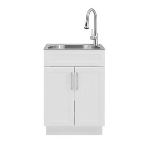lot 9 image: Glacier Bay All-in-One Stainless Steel 24 in Laundry Sink with Faucet and Storage Cabinet in White