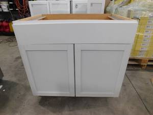 lot 45 image: Hampton Bay Courtland Shaker Assembled 36 in. x 34.5 in. x 24 in. Stock Sink Base Kitchen Cabinet in Polar White Finish