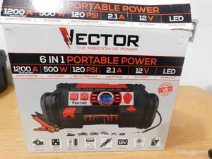 lot 134 image: Vector 1200 Peak Amp Jump Starter, Dual Power Inverter, 120 PSI Air Compressor, USB Charging Port, Rechargeable