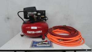 lot 38 image: Porter Cable Oil Compressor with air hose  blowgun inflating tools