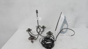lot 92 image: House hold items Irons, Candle holder