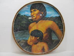 lot 40 image: Vintage Large Signed Hand Painted Woven Splint Wall Hanging wNatives