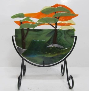 lot 96 image: Nice Looking Fused Glass Art Sculpture wIron Base