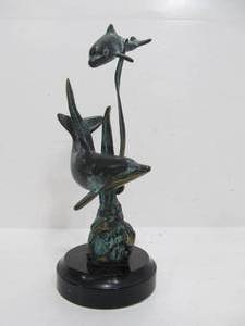 lot 97 image: Small Solid Bronze Sculpture wDolphins on Marble Base