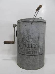 lot 71 image: Awesome Antique Galvanized NORTH POLE FREEZER Hand Crank Ice Cream Maker