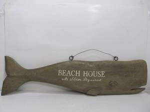 lot 98 image: Large Carved Wood Double Sided Beach House Hanging Whale Sign
