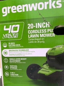 lot 2 image: Brand New GREENWORKS 20 Cordless Push Lawnmower