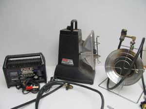 lot 266 image: 2 Propane Heaters & Exide Mega Cell Battery Charger