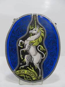 lot 127 image: Vintage Signed Glass Masters Cobalt Blue Stained Glass Crest Window Hanging