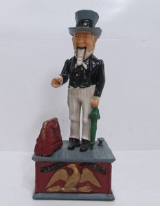 lot 201 image: Vintage Style Cast Iron UNCLE SAM Mechanical Coin Bank