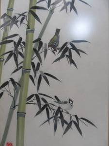 lot 307 image: Nisaburo Ito Woodblock Print On Silk Bamboo And Sparrow (left) Framed 20 Signed  Stamped