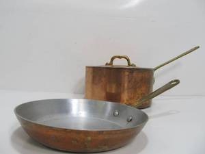 lot 315 image: Vintage Copper Skillet Saute Panand Sauce Pan With Hammered Brass Handles