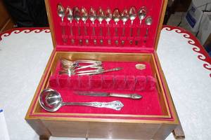 lot 153 image: Wood Flatware Storage Box with Assorted Silverplate Flatware