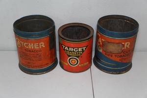 lot 43 image: Vintage Catcher Pipe Tobacco Cans and Target Cigarette Tobacco Can