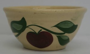 6 38 Antique Watt Pottery Mixing Bowl With Dutchs Grocery Amerey Wis. Advertising (Clear Coat Has Crazing)
