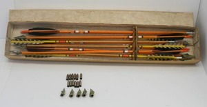 Group Of Vintage Herters Wooden Arrows With Feathers And Misc.Tips
