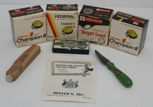 Group Including Vintage Ammo Boxes, Turkey Call, Sharpeners And More